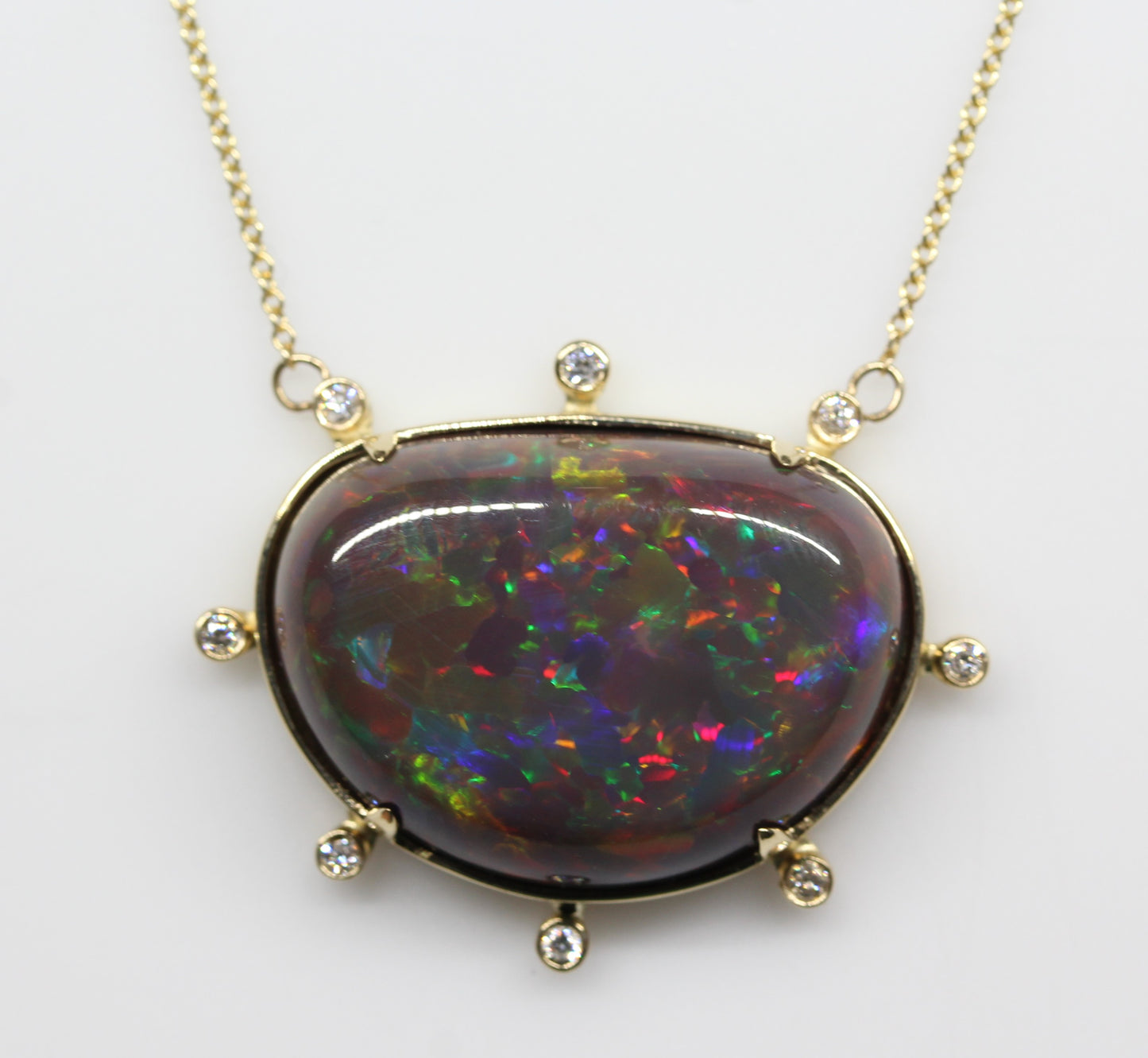 Black Opal & Diamond Pendant 14k Yellow Gold Gemstone Necklace #245