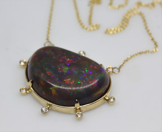 Black Opal & Diamond Pendant 14k Yellow Gold Gemstone Necklace #245