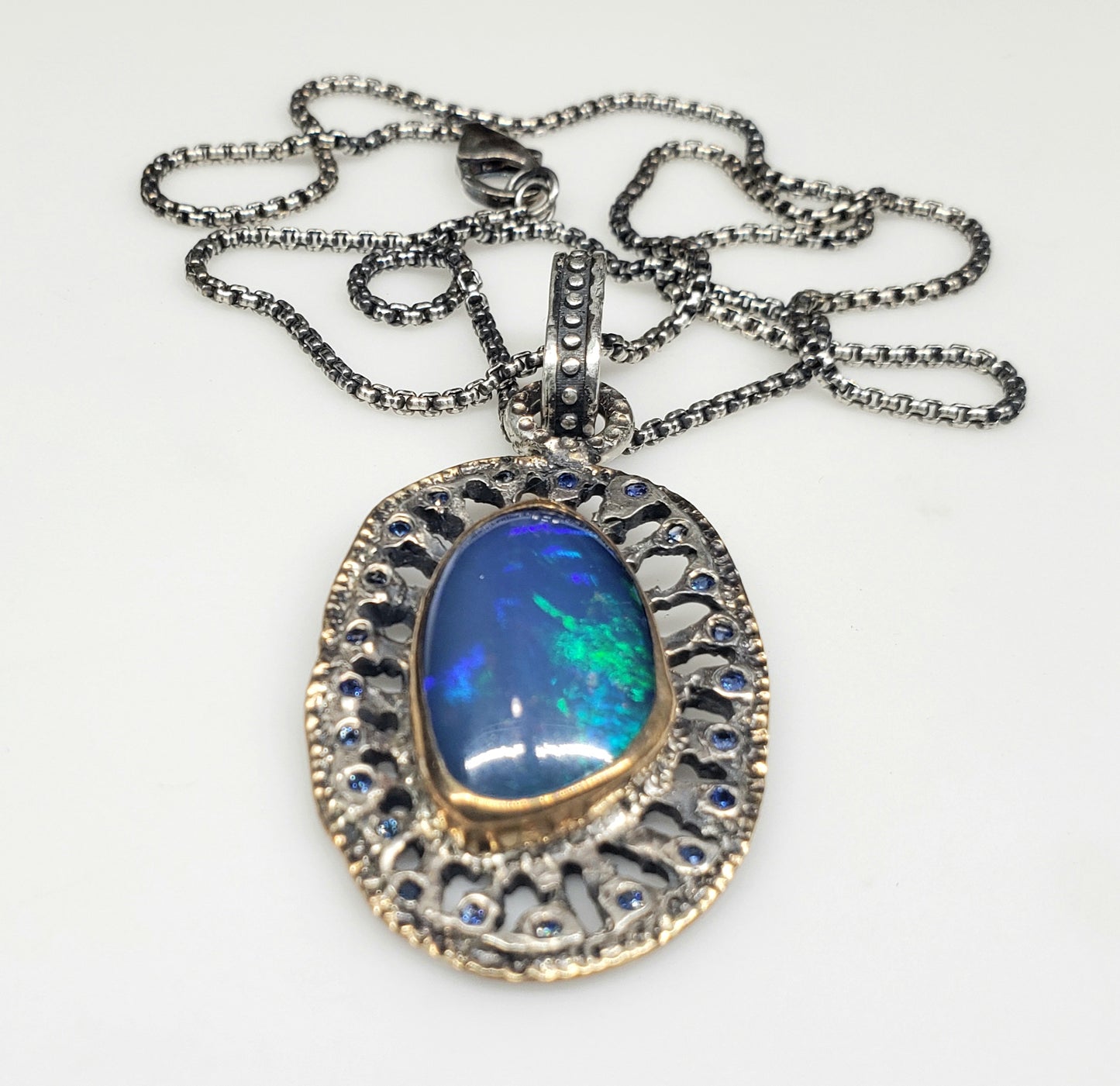 Blue Opal Rustic Sterling Silver & 14k Gold Pendant #246
