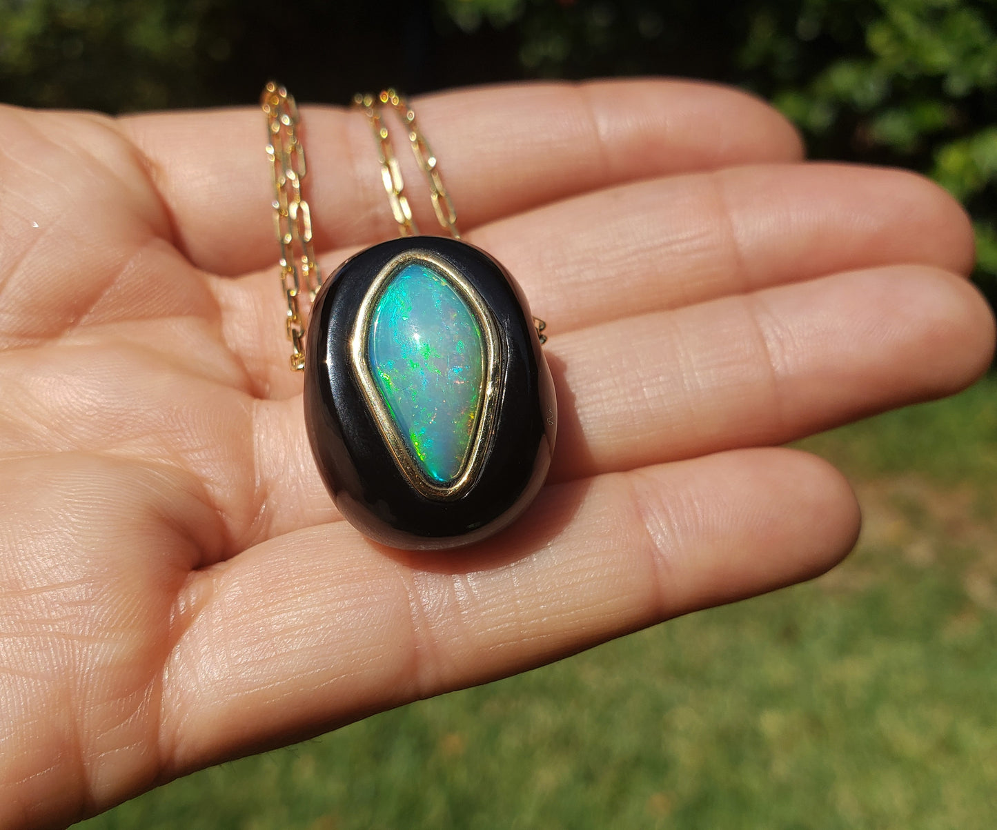 Opal & Black Jade Pendant - 14k Gold Necklace #247