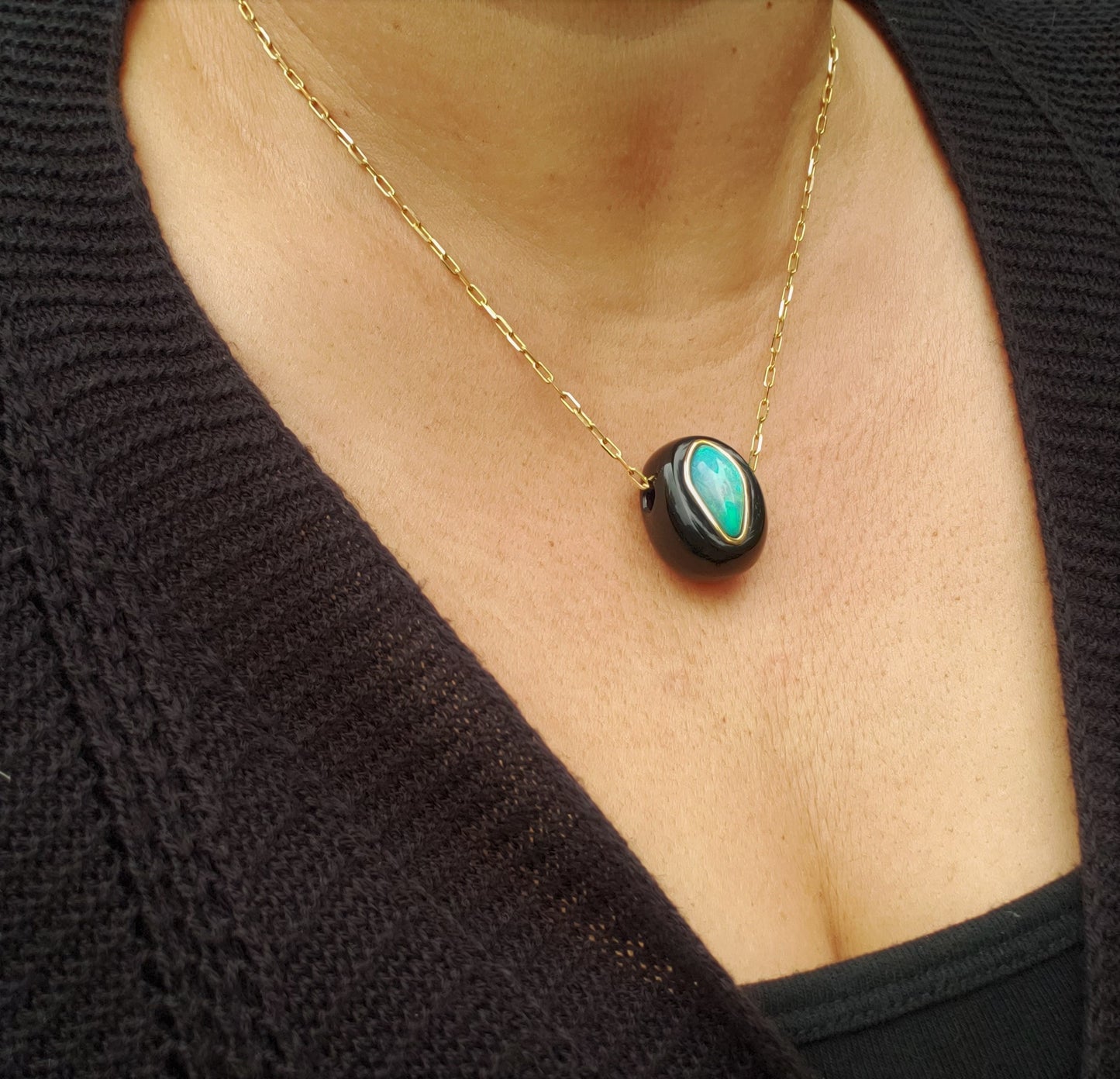 Opal & Black Jade Pendant - 14k Gold Necklace #247