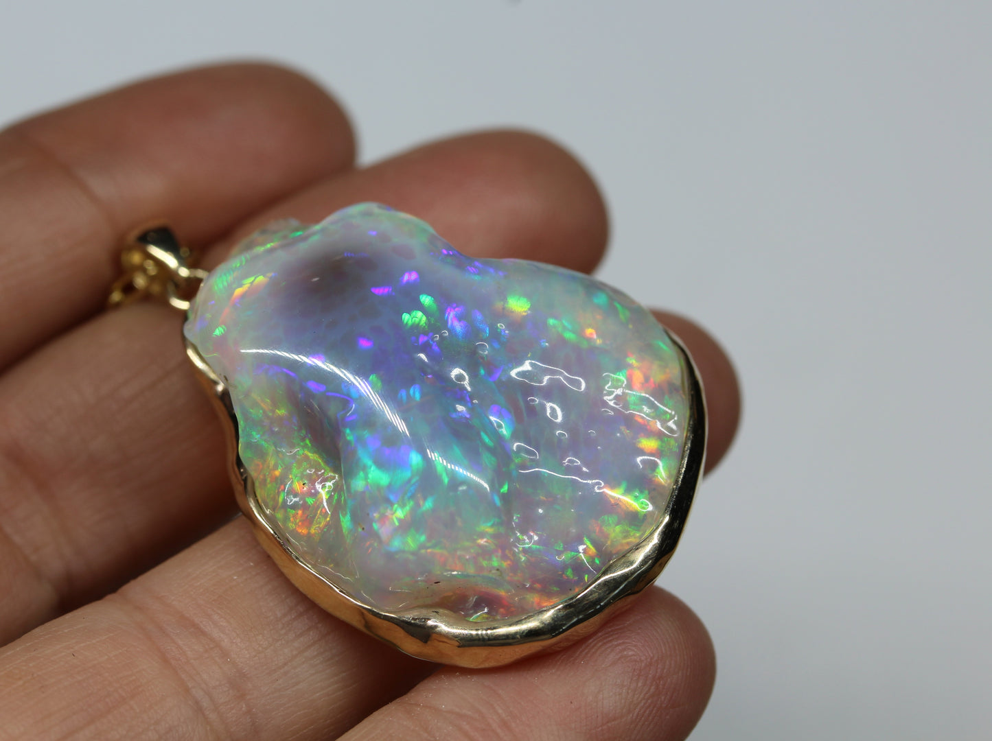 Large Colorful Carved Opal 14k Gold Pendant #250