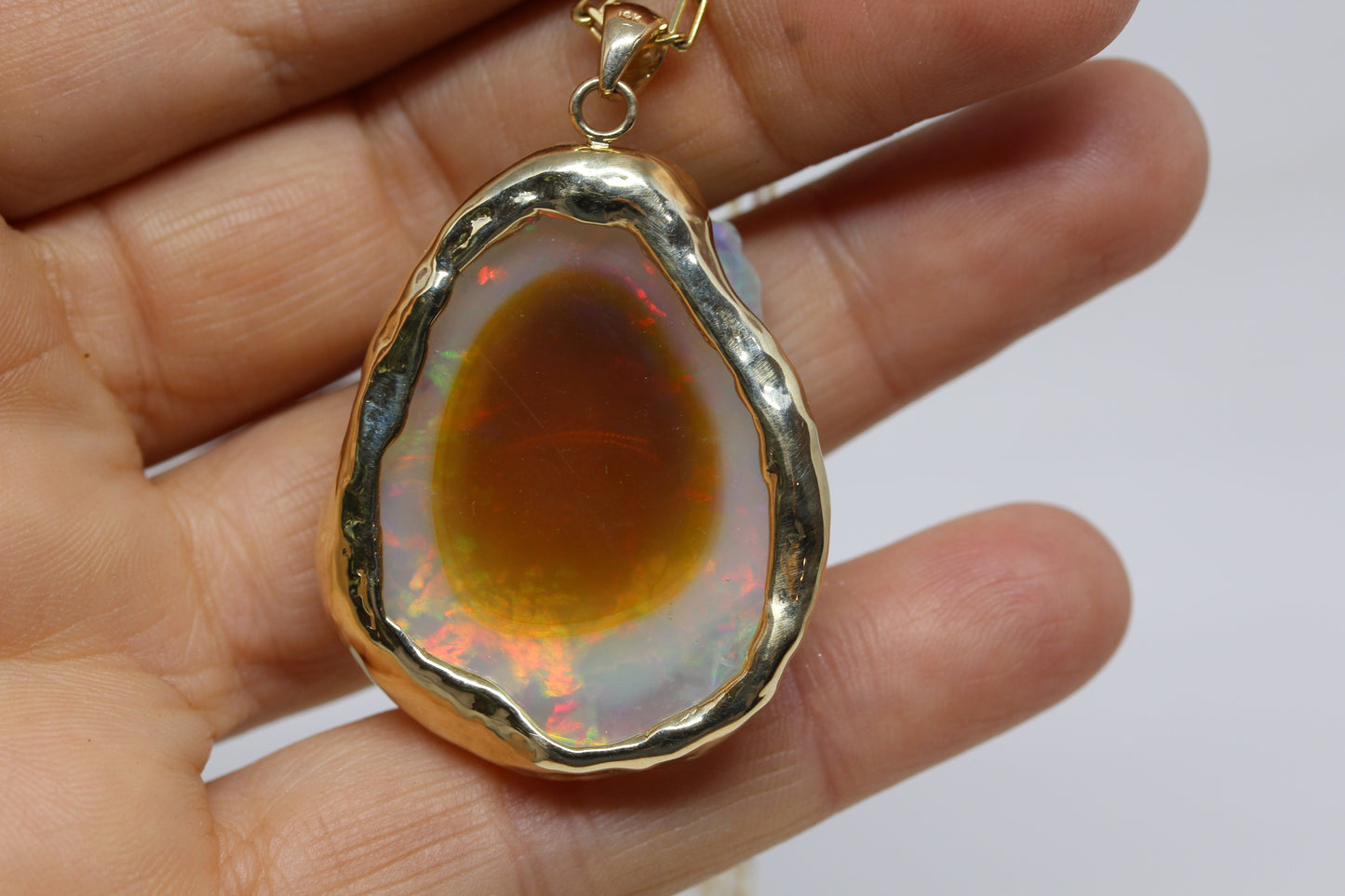 Large Colorful Carved Opal 14k Gold Pendant #250