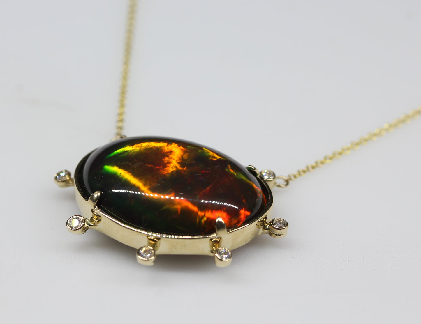 Black Opal & Diamond Pendant 14k Yellow Gold Gemstone Necklace #253