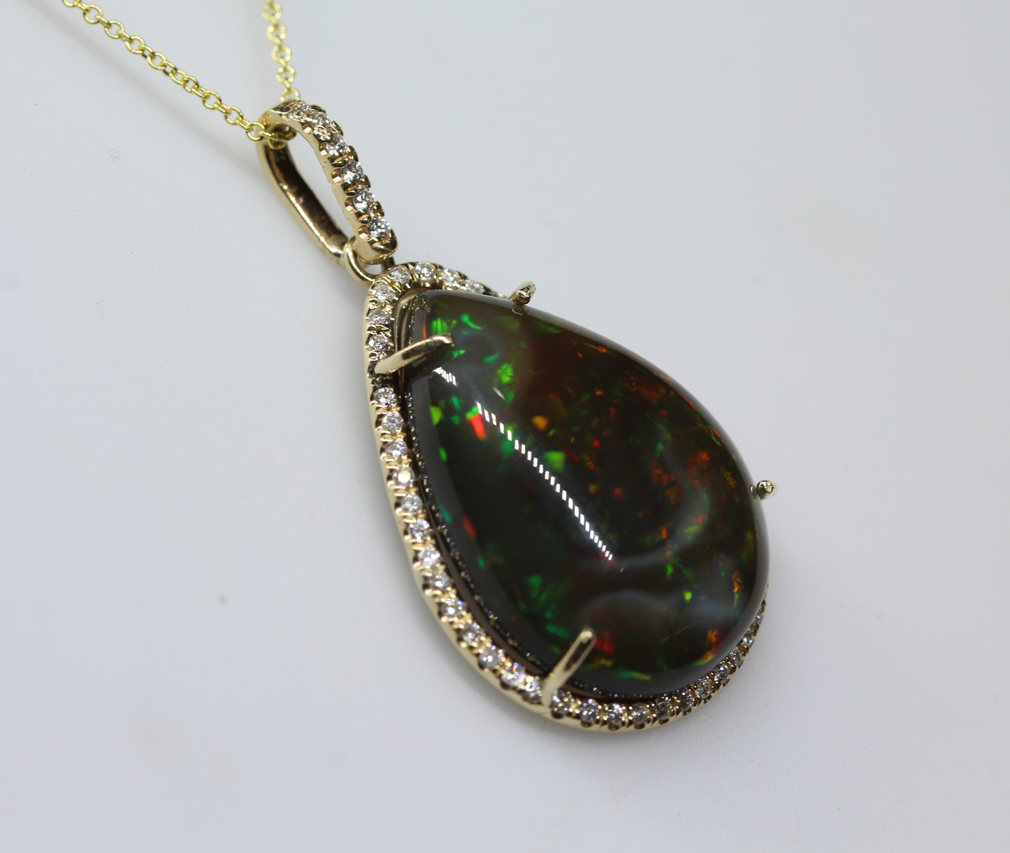Black Opal & Diamond Pendant 14k Gold Gemstone Necklace #260