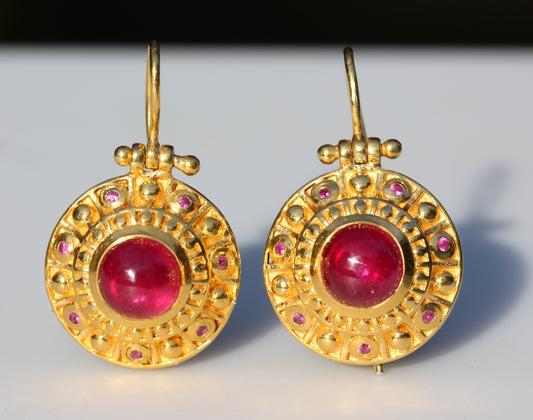 Ruby Round Dangle Earrings - 24k Gold Plated - #265