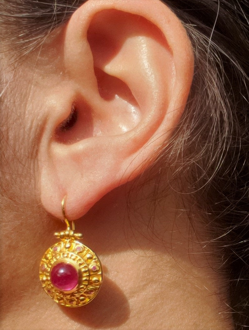 Ruby Round Dangle Earrings - 24k Gold Plated - #265