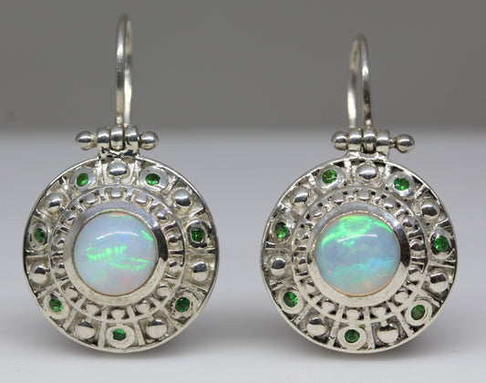 Natural Opal Dangle Earrings - Garnet Accents -  Sterling Silver  #267