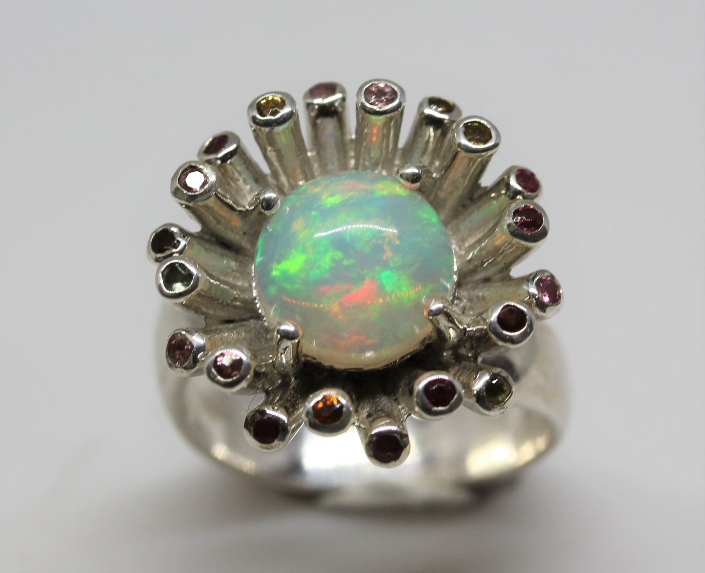 Opal & Tourmaline Starburst  Ring - Adjustable Size - Sterling Silver - #271