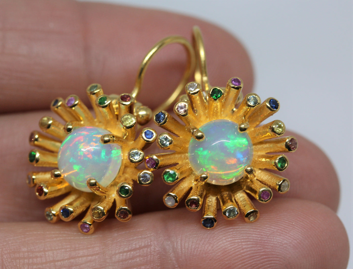 Opal Dangle Earrings  24k Gold Plated Color gemstone Accents #274