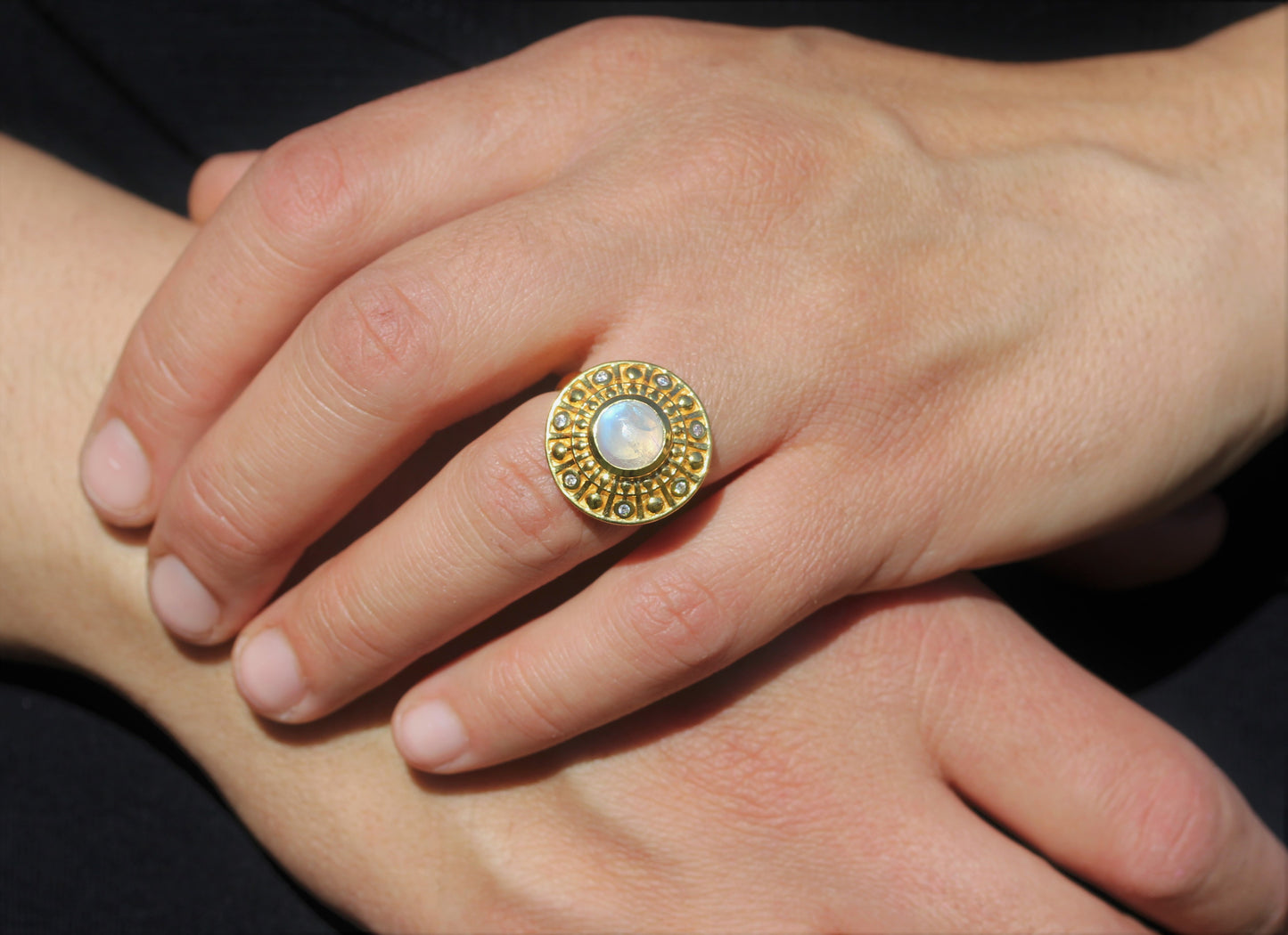 Moonstone Medallion Ring - 24k Gold Plated - Adjustable Size #275