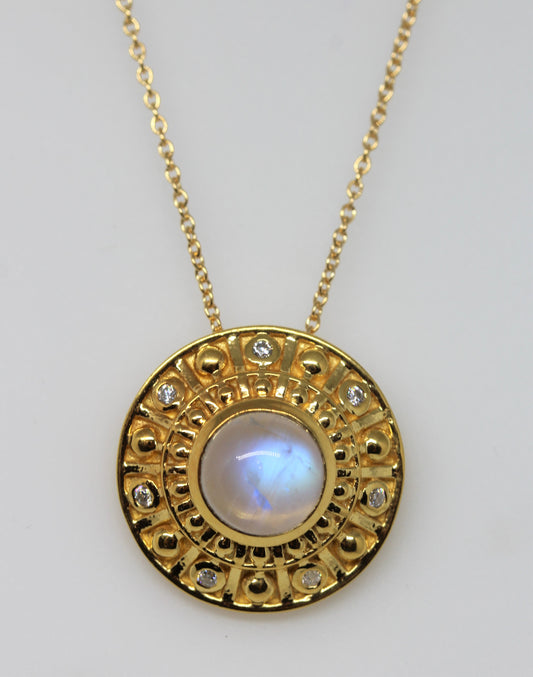 Moonstone Medallion Pendant- 24k Gold Plated - Gemstone Necklace #281