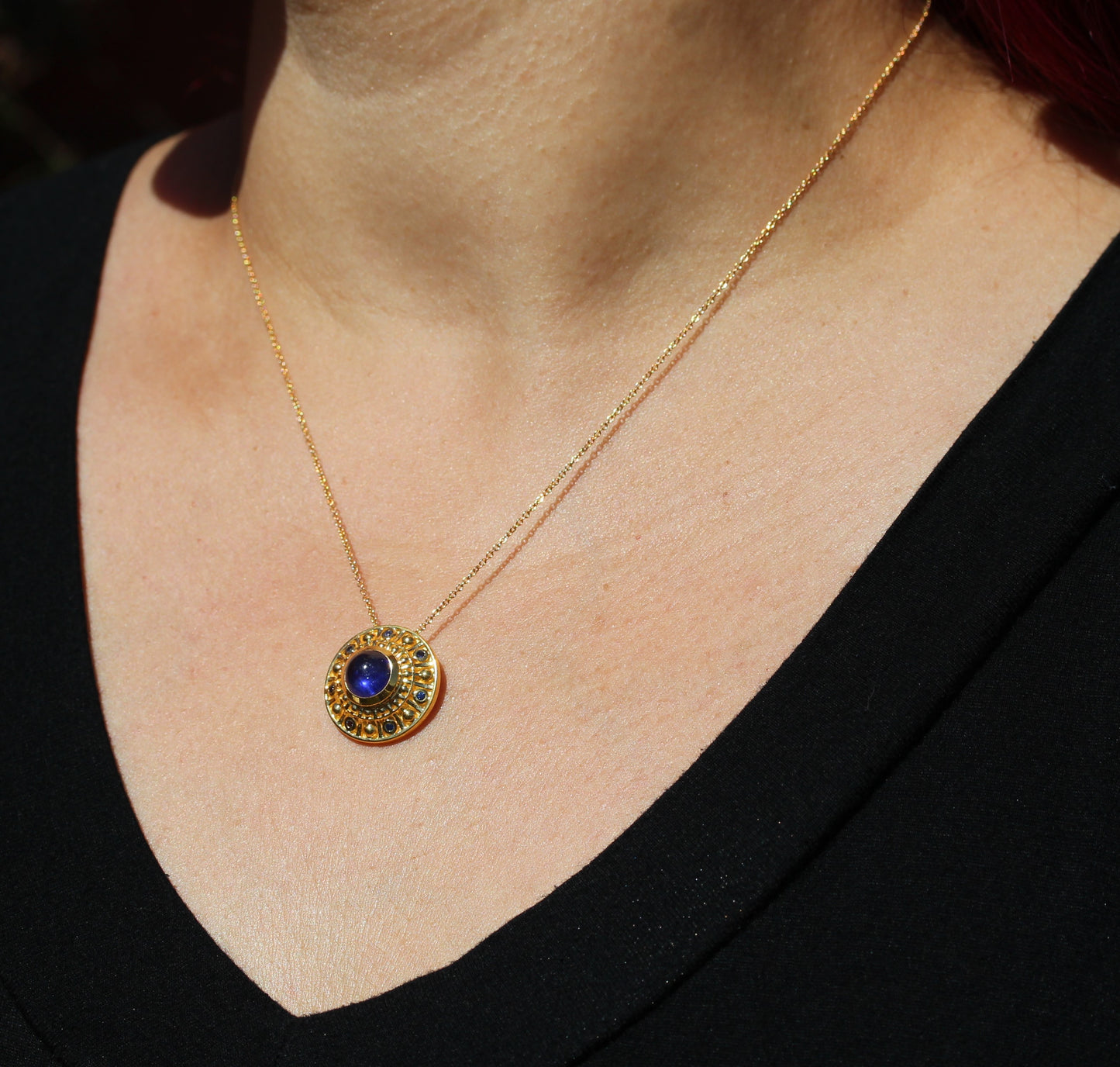 Blue Sapphire Medallion Pendant- 24k Gold Plated - Gemstone Necklace #282