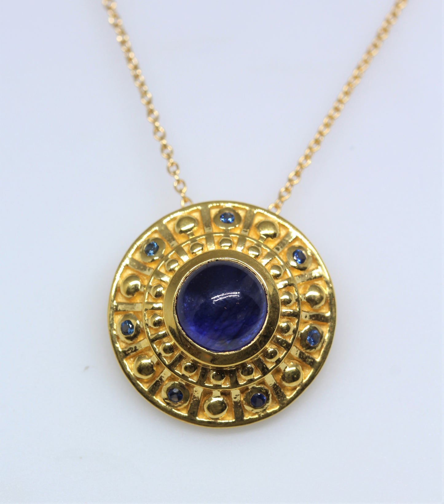 Blue Sapphire Medallion Pendant- 24k Gold Plated - Gemstone Necklace #282