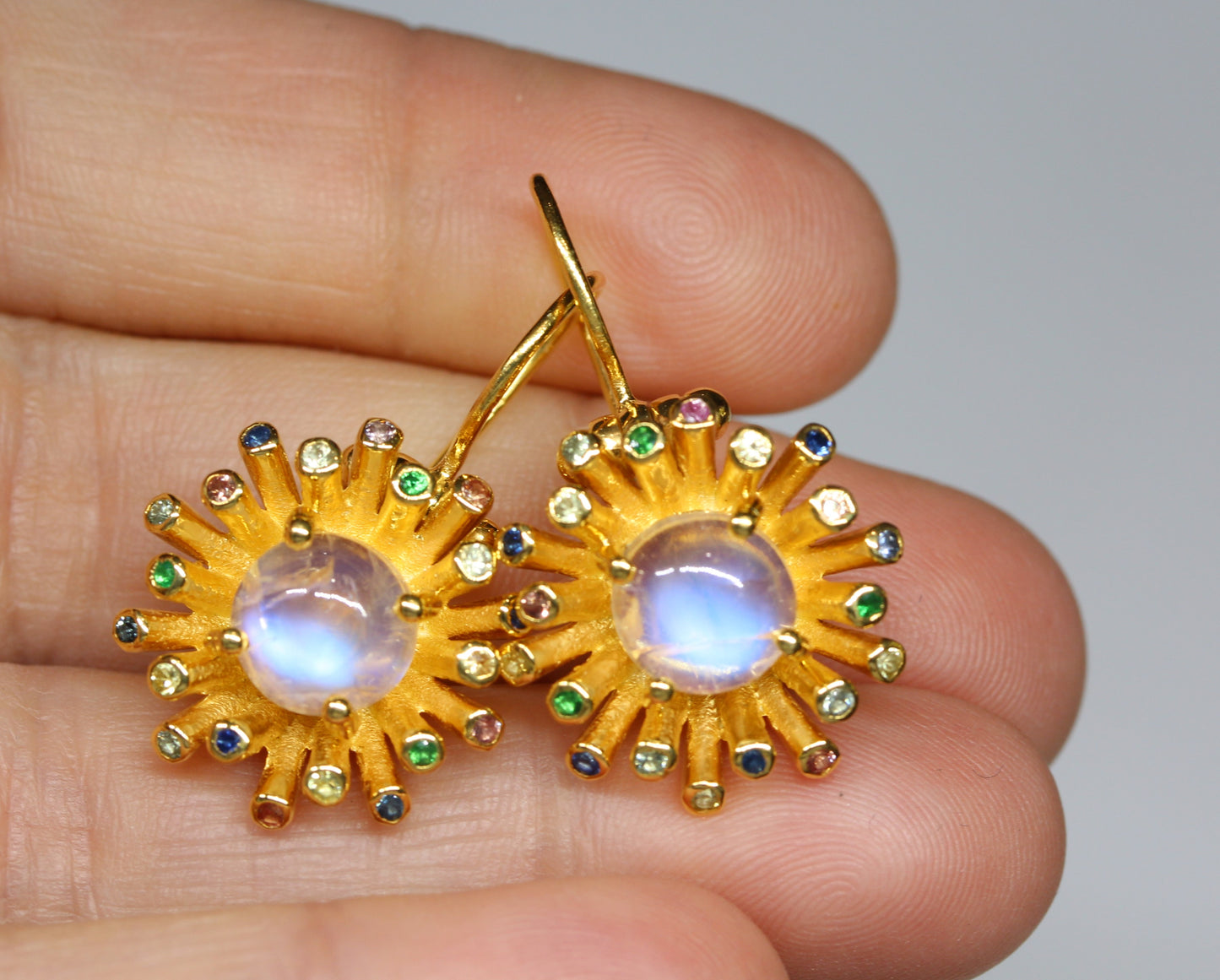 Starburst Moonstone Dangle Earrings 24k Gold Plated Color Gemstone Accents #284
