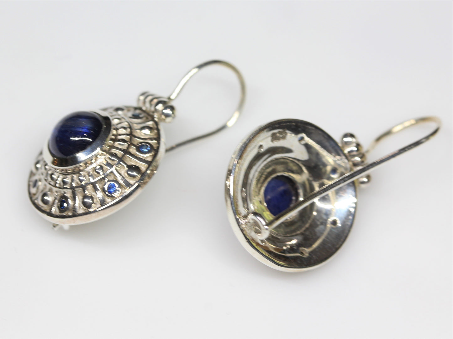 Blue Sapphire Medallion Dangle Earrings Sterling Silver #285