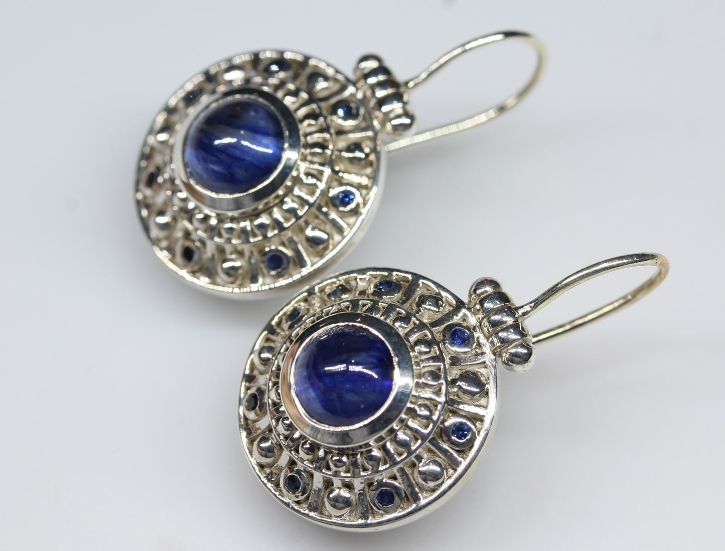 Blue Sapphire Medallion Dangle Earrings Sterling Silver #285