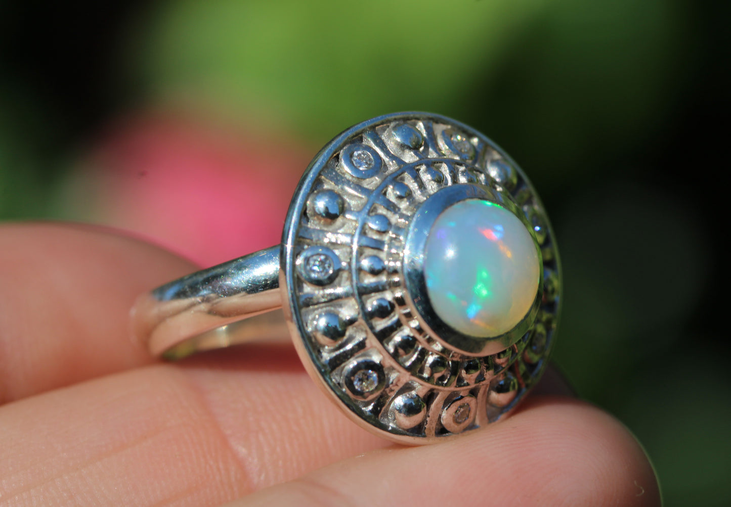 Opal Medallion Ring Sterling Silver Adjustable Band  #293