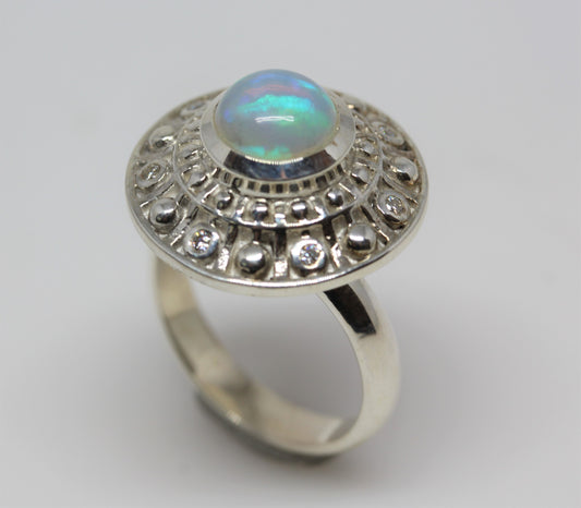 Opal Medallion Ring Sterling Silver Adjustable Band  #293