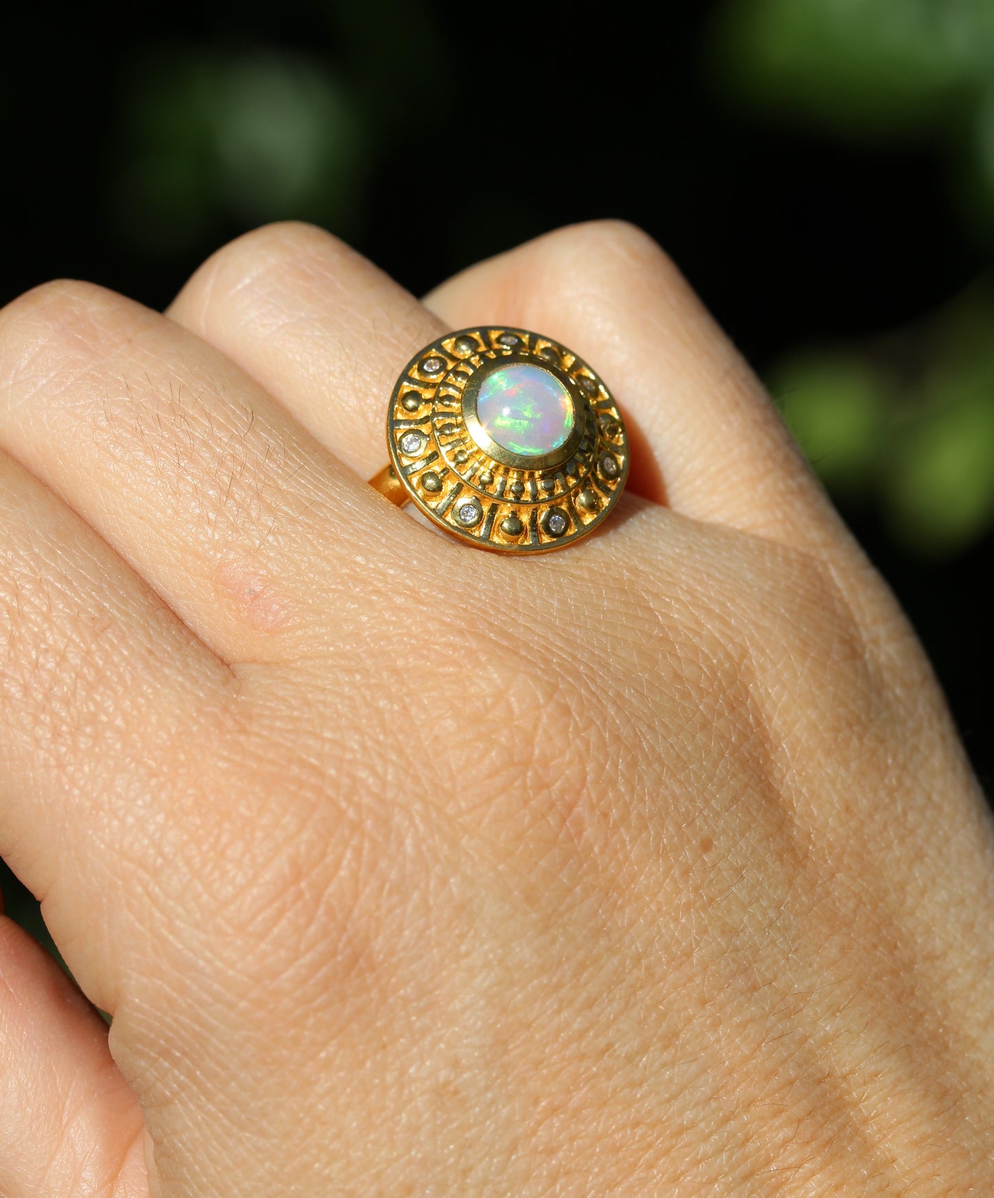 Natural Opal Medallion Ring - 24k Gold Plated - Adjustable Size #294