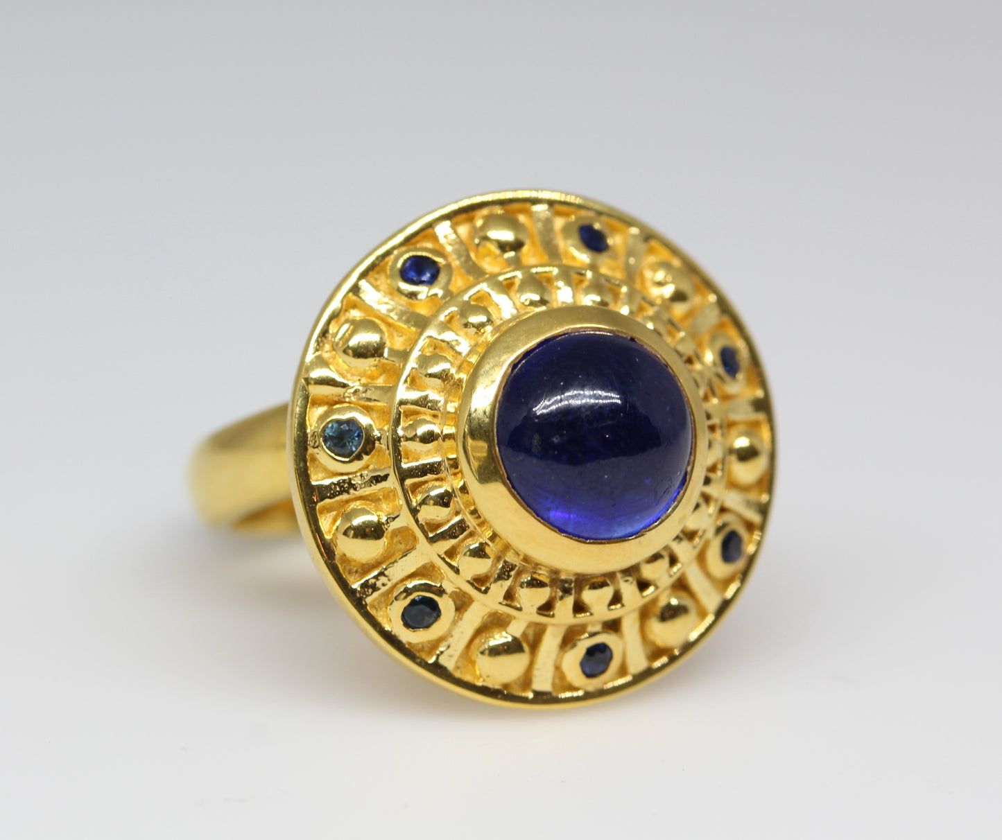 Blue Sapphire Medallion Ring - 24k Gold Plated - Adjustable Size #298