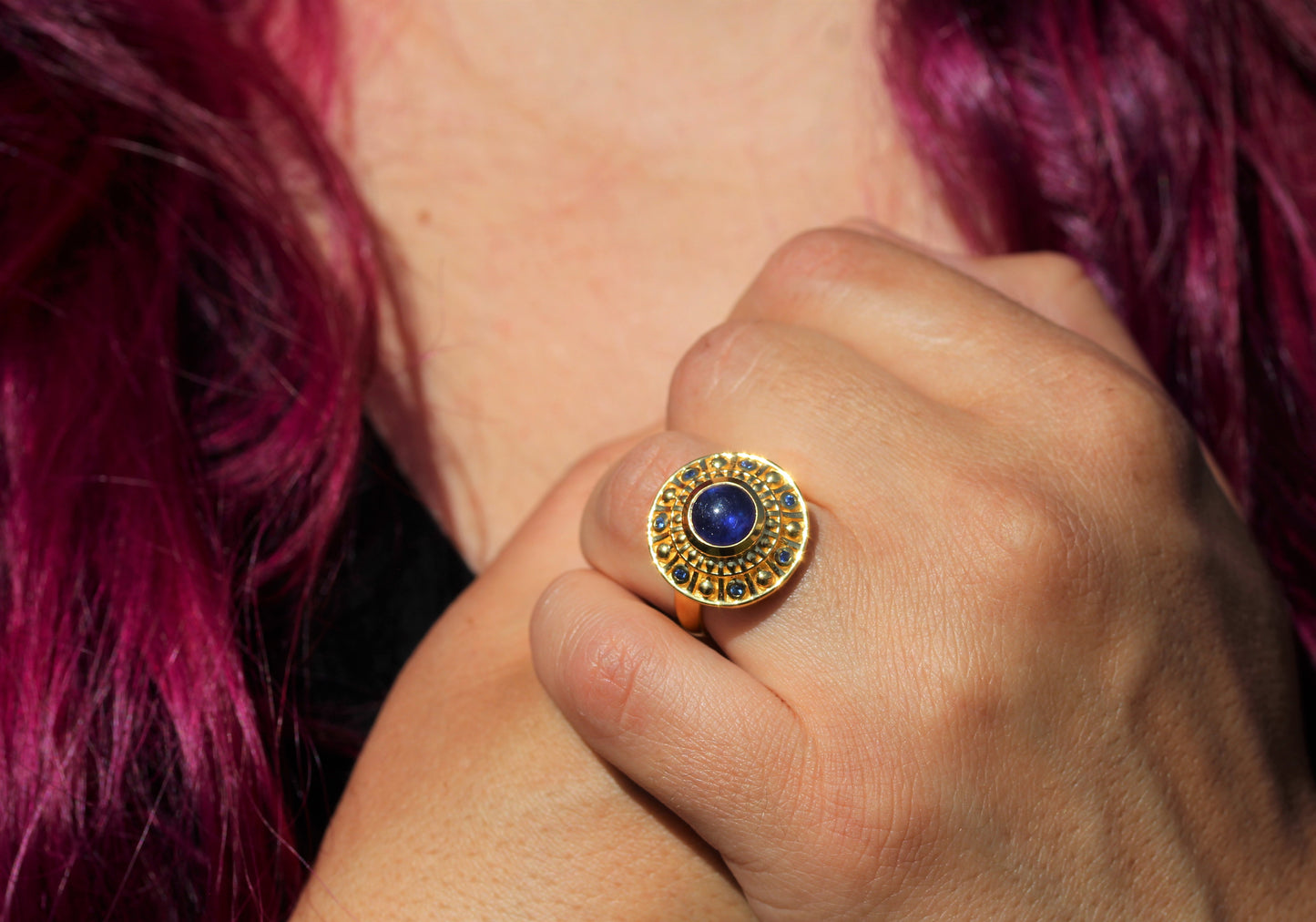 Blue Sapphire Medallion Ring - 24k Gold Plated - Adjustable Size #298