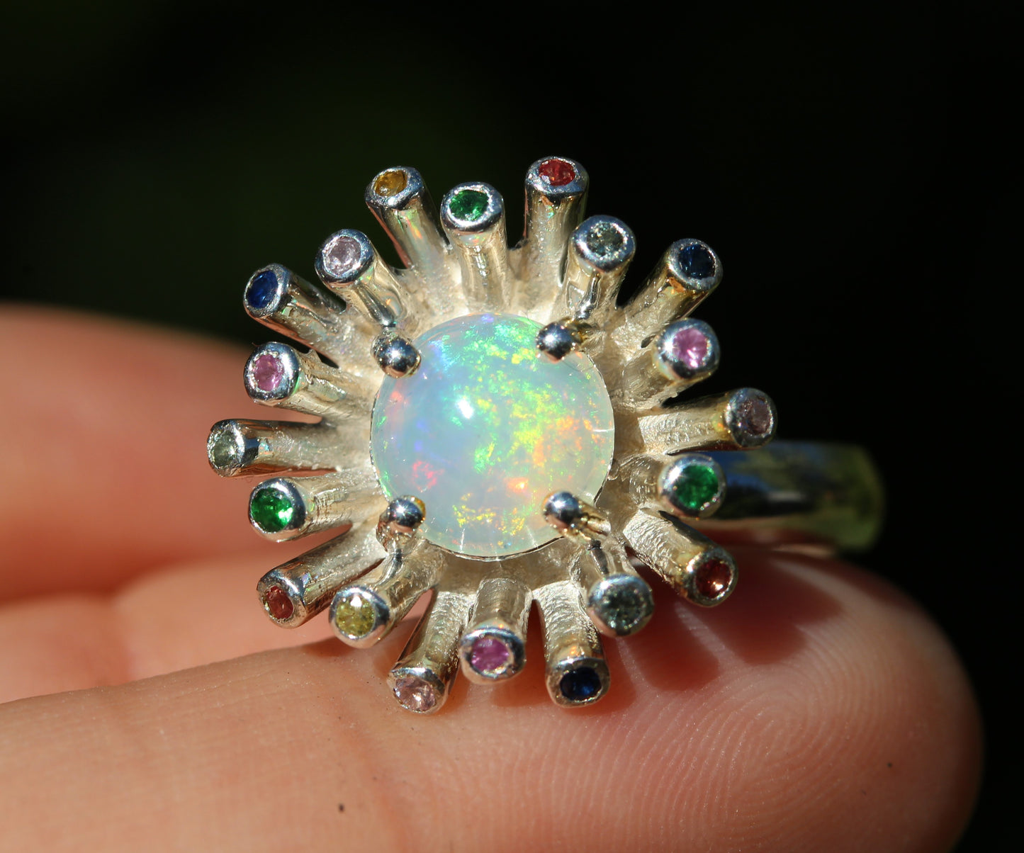 Opal Starburst Ring - Adjustable Size - Sterling Silver #299