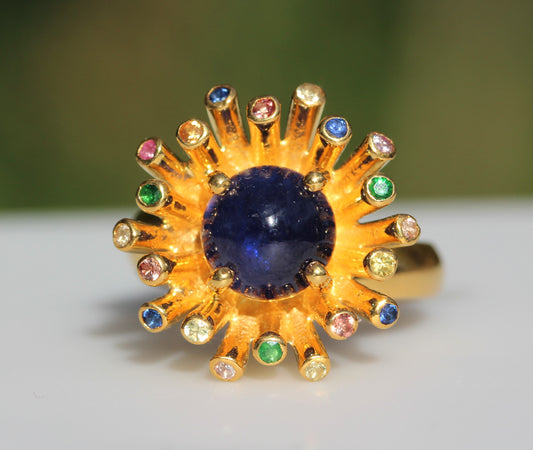 Blue Sapphire Starburst Ring - 24k Gold Plated Silver - Adjustable Size  #305