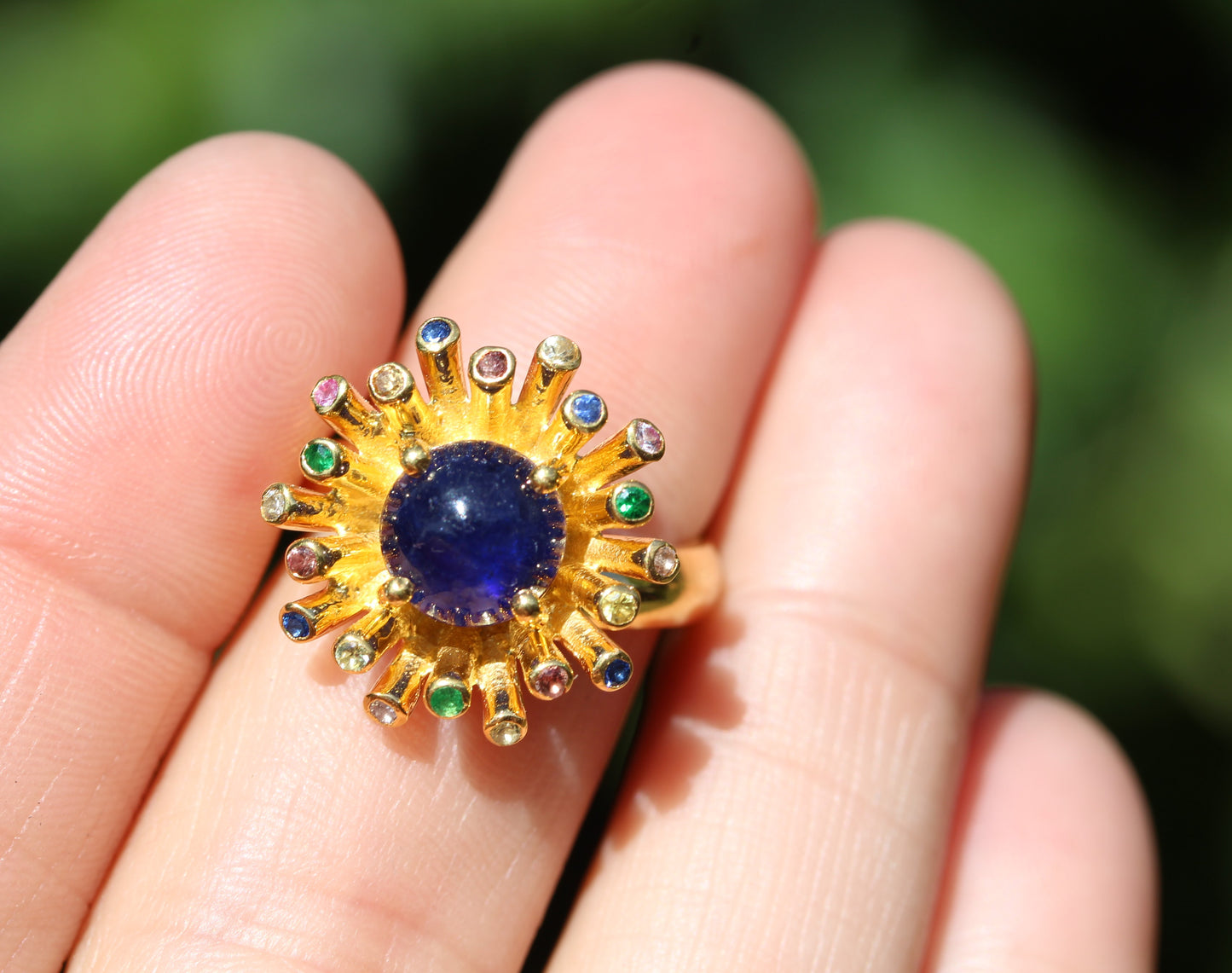 Blue Sapphire Starburst Ring - 24k Gold Plated Silver - Adjustable Size  #305