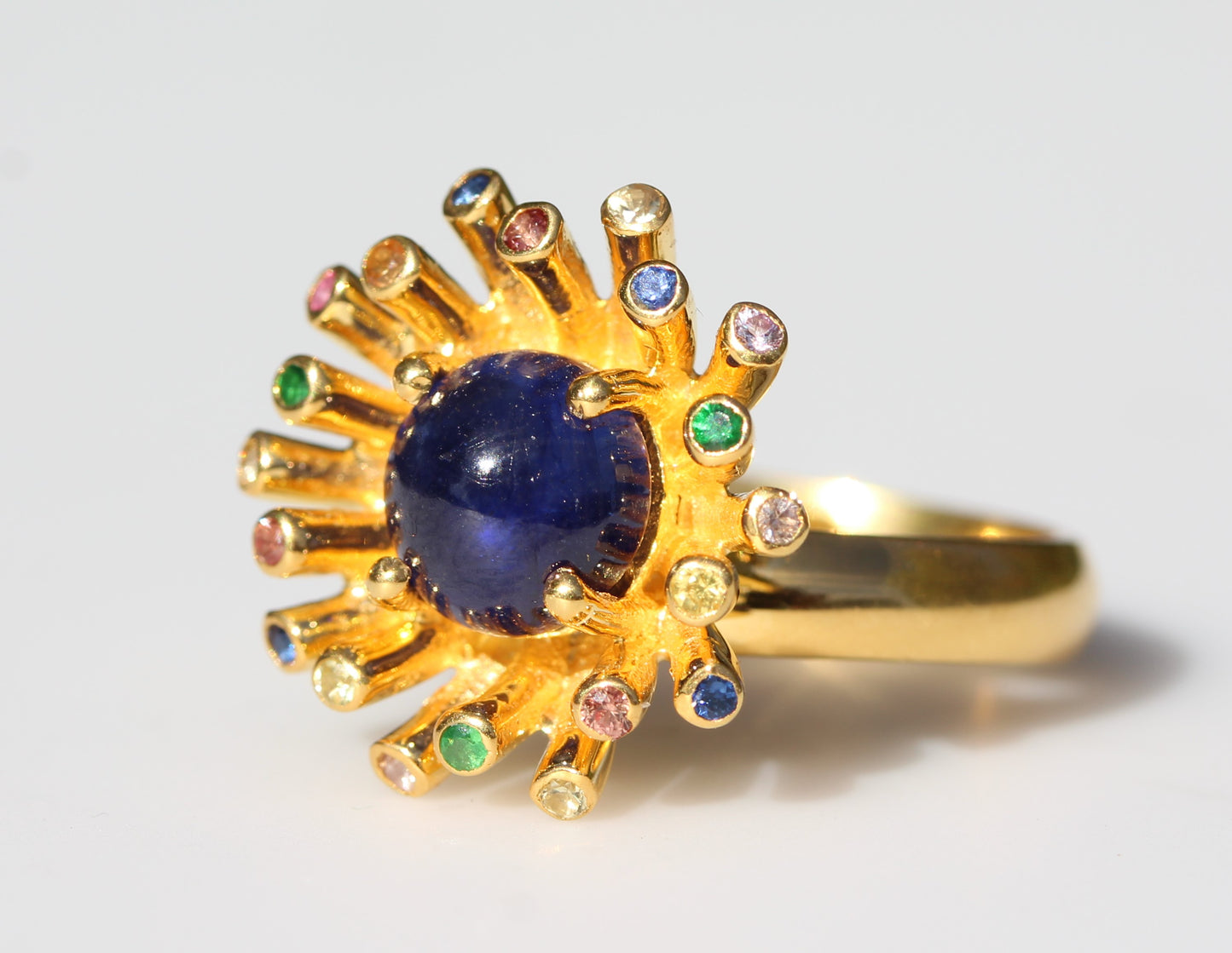 Blue Sapphire Starburst Ring - 24k Gold Plated Silver - Adjustable Size  #305