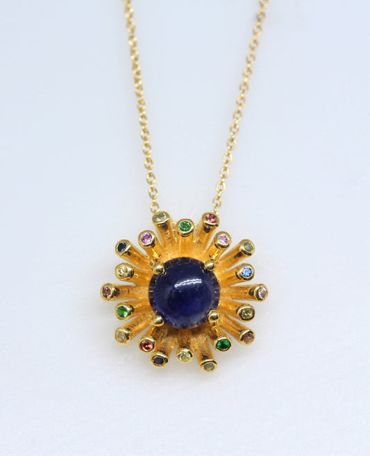 Blue Sapphire Starburst Pendant- 24k Gold Plated Silver -  #306