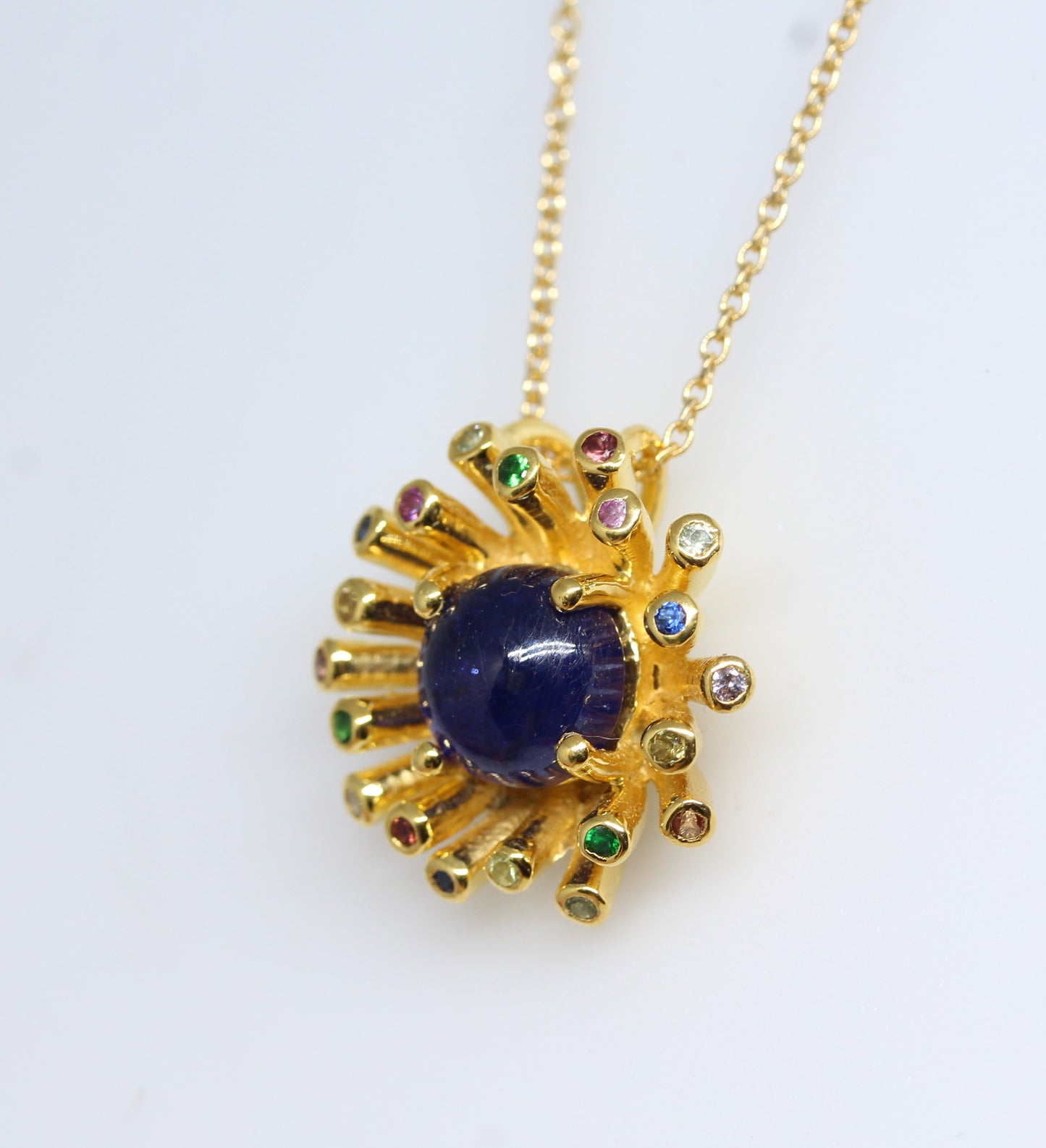 Blue Sapphire Starburst Pendant- 24k Gold Plated Silver -  #306