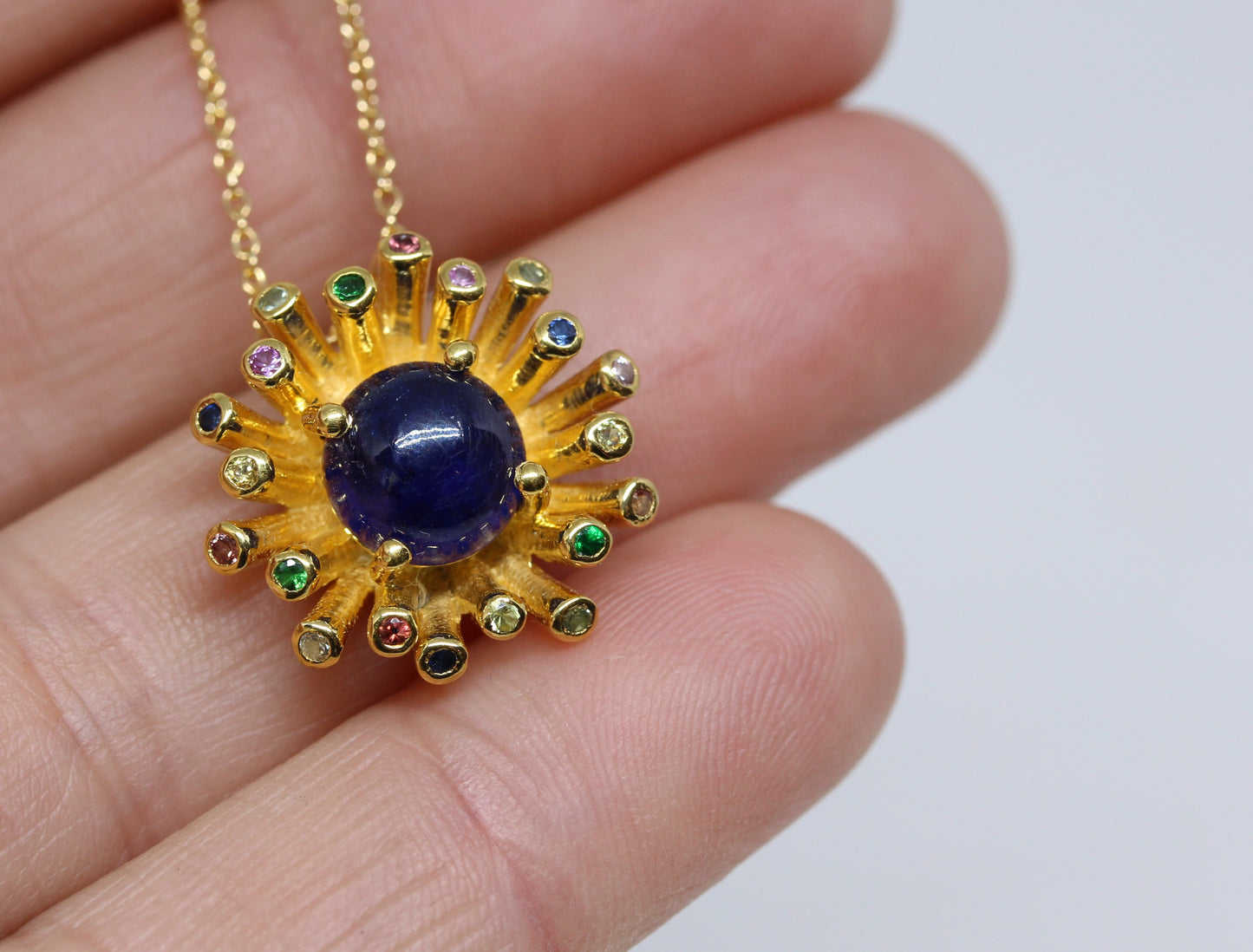 Blue Sapphire Starburst Pendant- 24k Gold Plated Silver -  #306