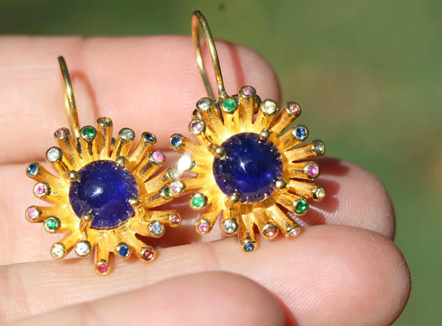 Blue Sapphire Dangle Earrings 24k Gold Plated Sterling Silver #307