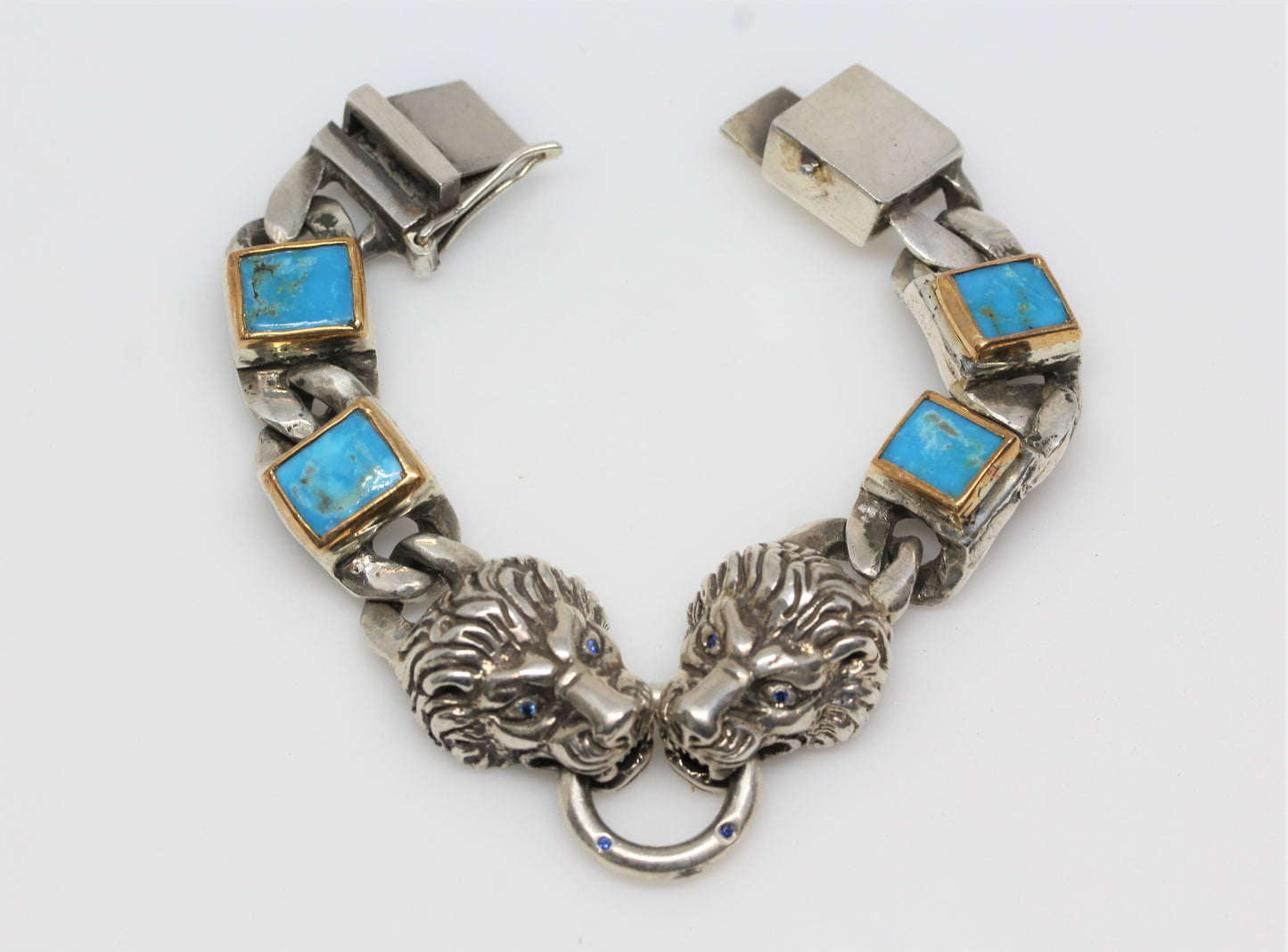 Men's Turquoise Sterling Silver Lion Link Bracelet #312