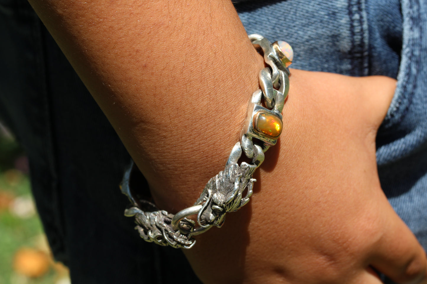 Men's Opal Sterling Silver Dragon Link Bracelet #313