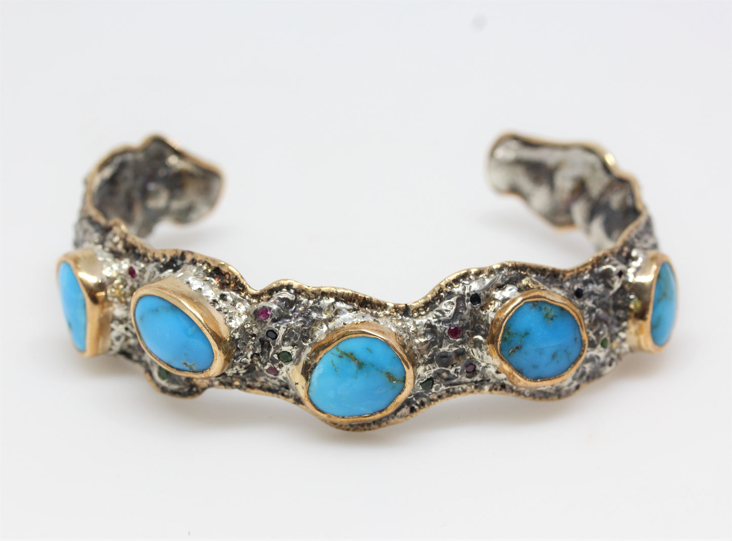 Men's Rustic Silver & Gold Turquoise Gemstone Cuff Bracelet #315