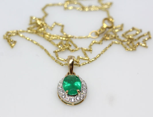 14k Yellow Gold Emerald & Diamond Pendant #324