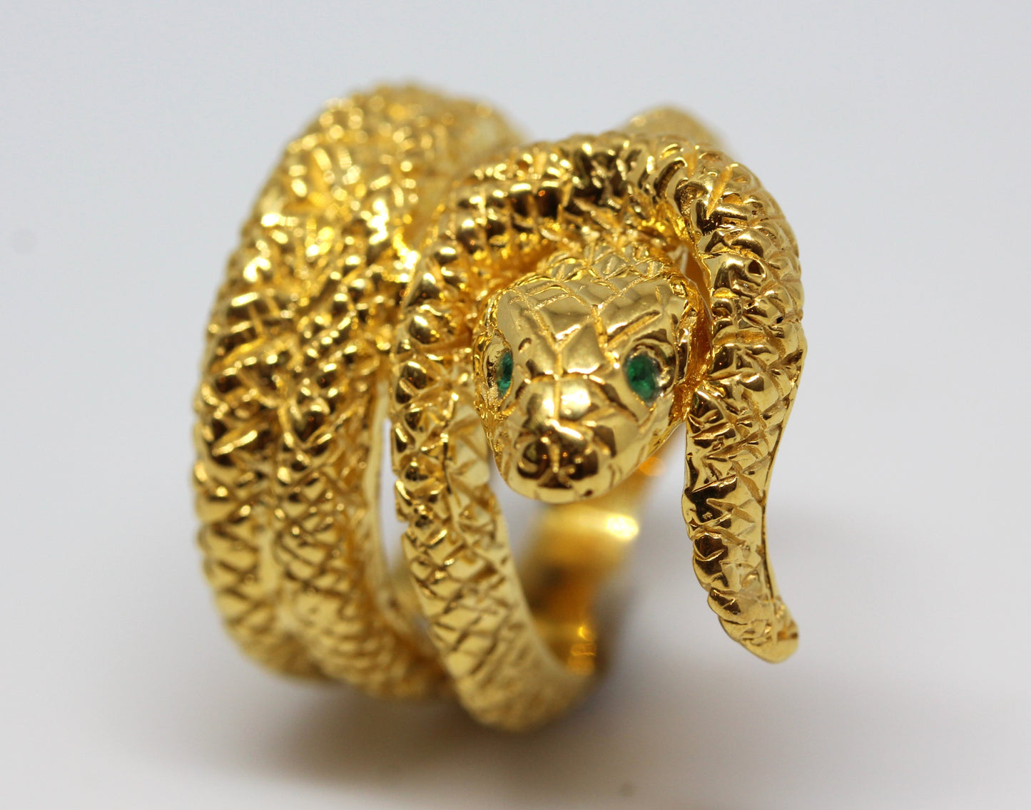 Snake Ring with Emerald Eyes 24k Yellow Gold Vermeil #327