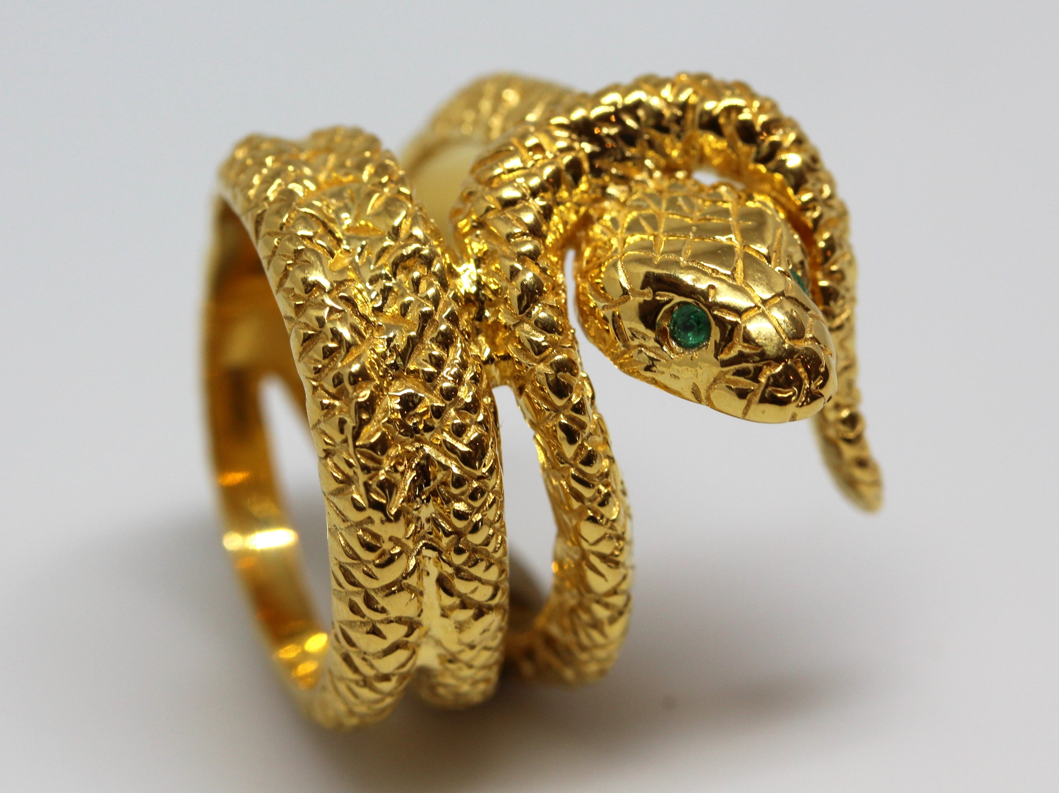 New Gold Snake Ring with Emerald top Green Eyes