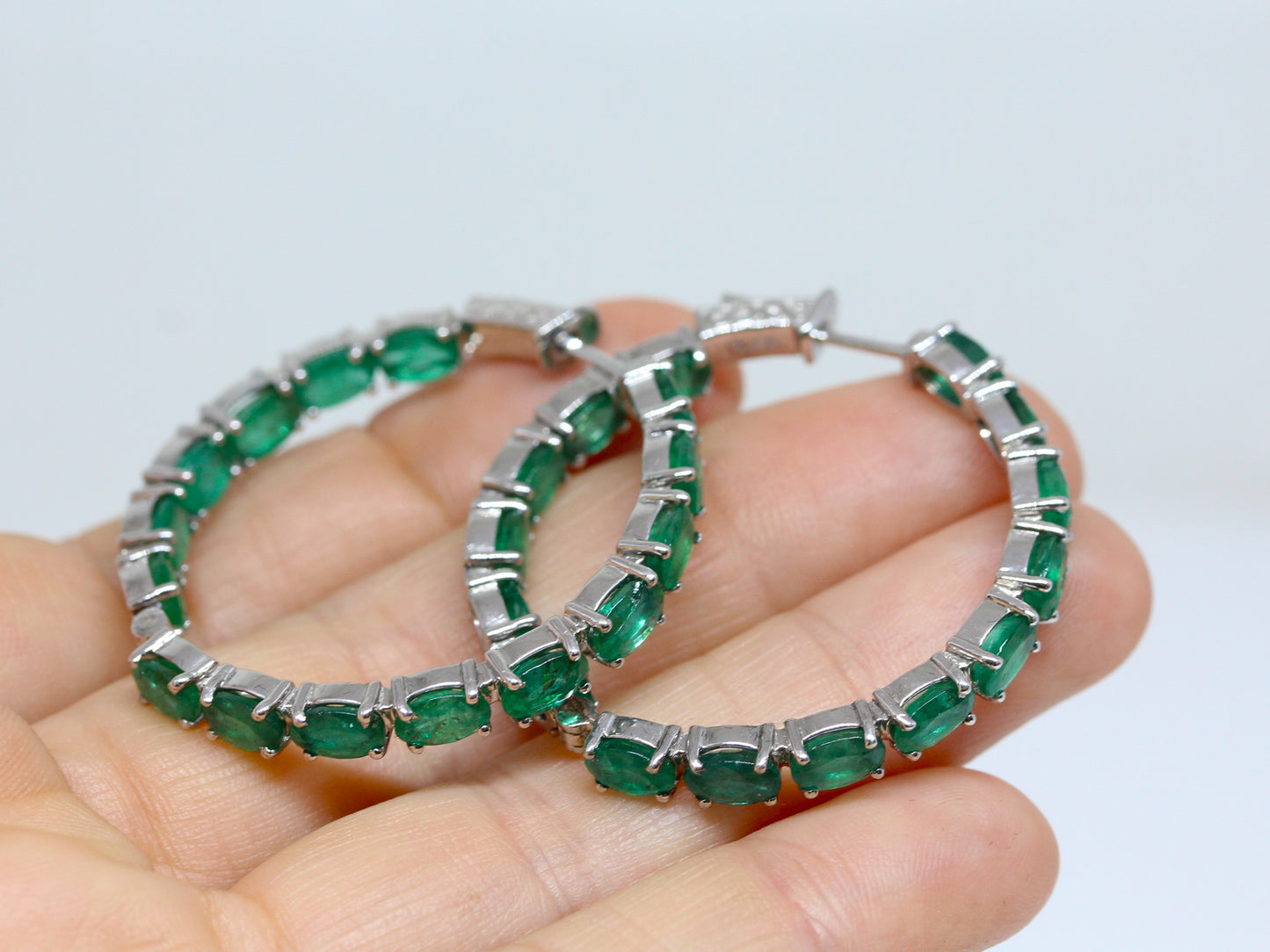 Emerald Gemstone Hoop Earrings Sterling Silver #332