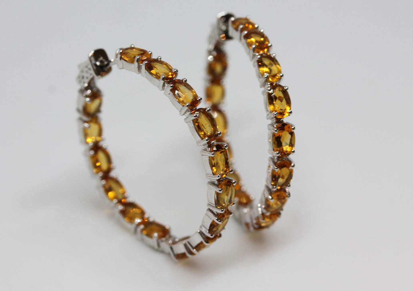 Natural Yellow Citrine Gemstone Hoop Earrings Sterling Silver #336