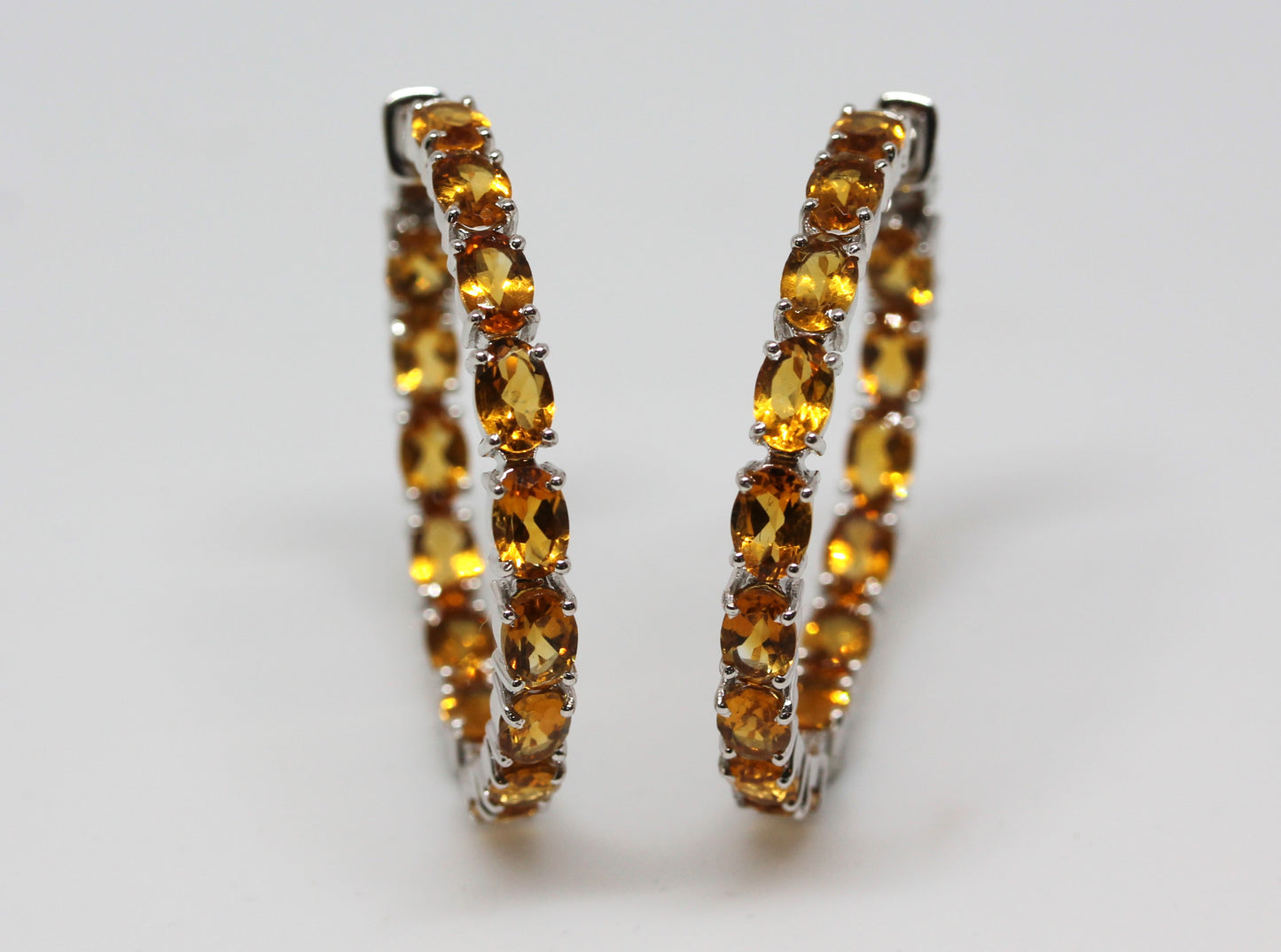 Natural Yellow Citrine Gemstone Hoop Earrings Sterling Silver #336