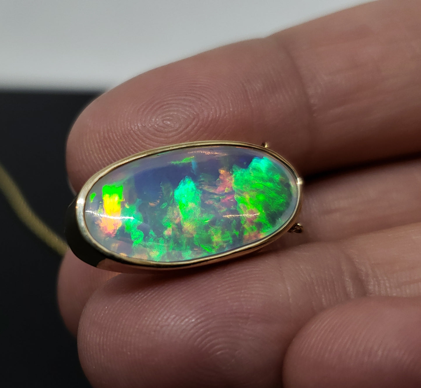 Natural Blue Green Opal Pendant 14k Yellow Gold Split Chain Necklace #145