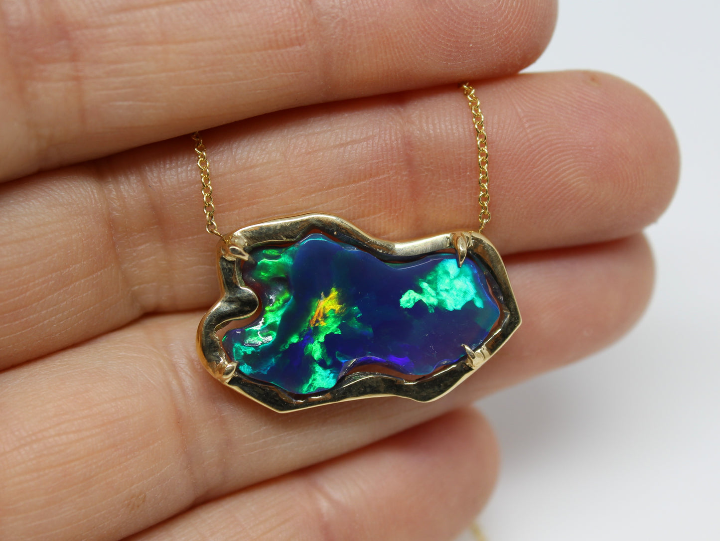 Black Carved Opal Pendant 14k Yellow Gold Split Chain Necklace #220
