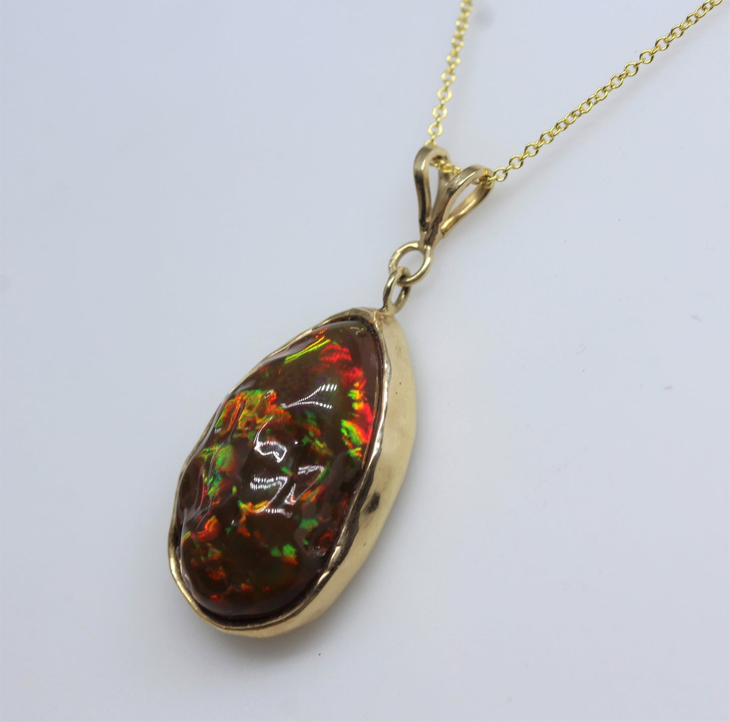 Carved Opal Pendant 14k Yellow Gold Gemstone Necklace #256
