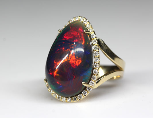 Black Opal & Diamond Ring 14k Gold #317