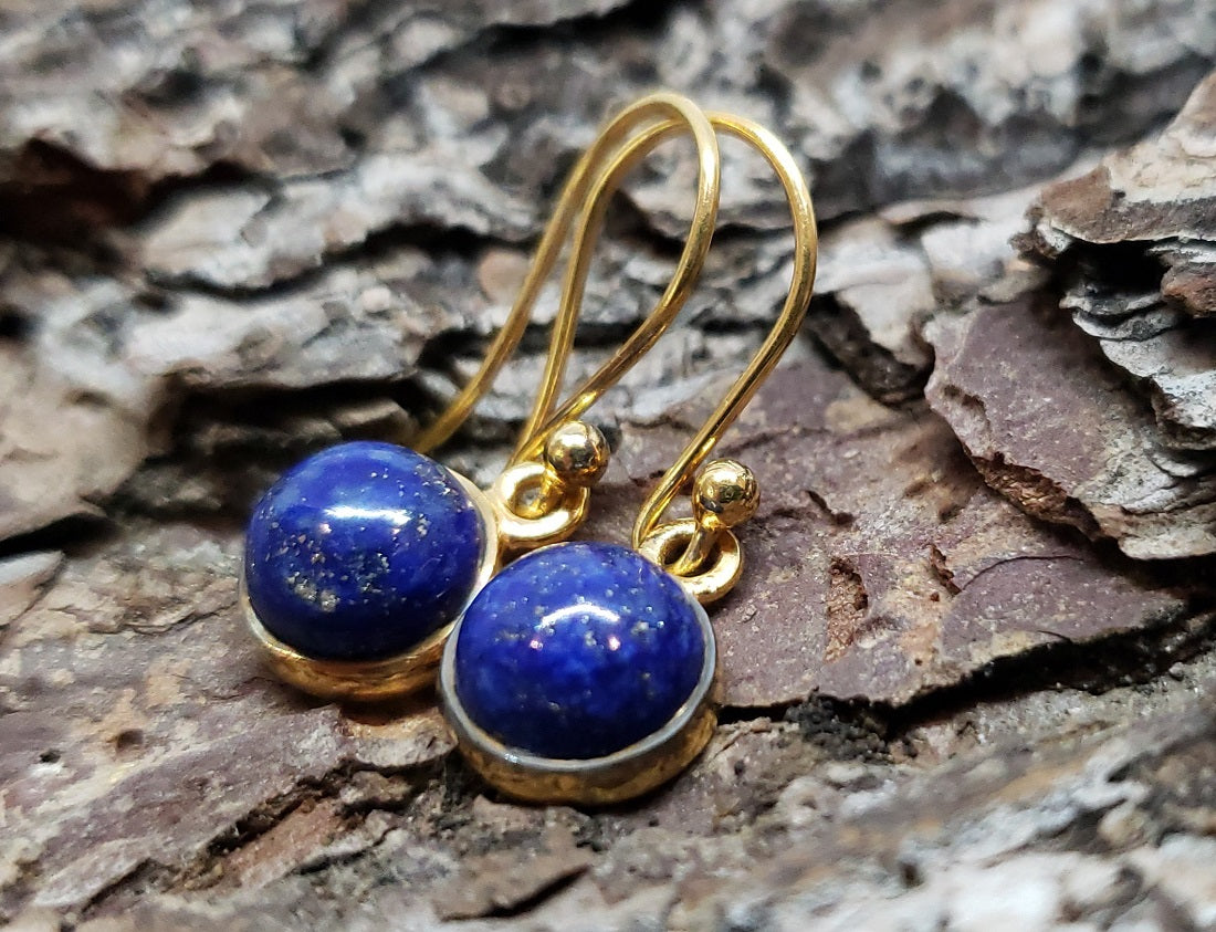 Blue Lapis Lazuli Round Dangle Earrings- 24k Gold Plated  - Joy#176