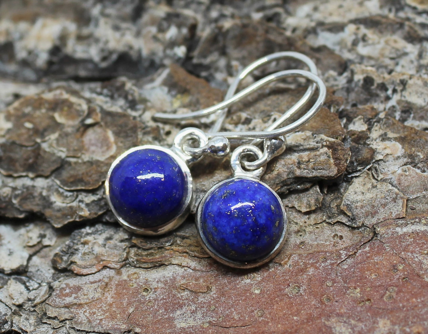 Blue Lapis Round Dangle Earrings- Sterling Silver - Joy#200