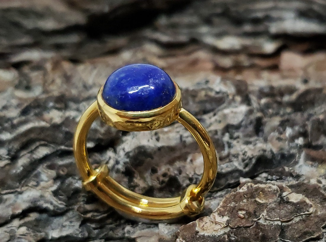 Store Natural Round 10mm Blue Lapis Ring - 24k Gold Plated - Adjustable Size - Joy#174